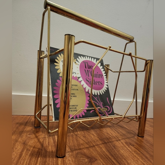 Large Vintage Mid Cenury Modern Brass Standing Magazine Rack Record Storage - Picture 8 of 8